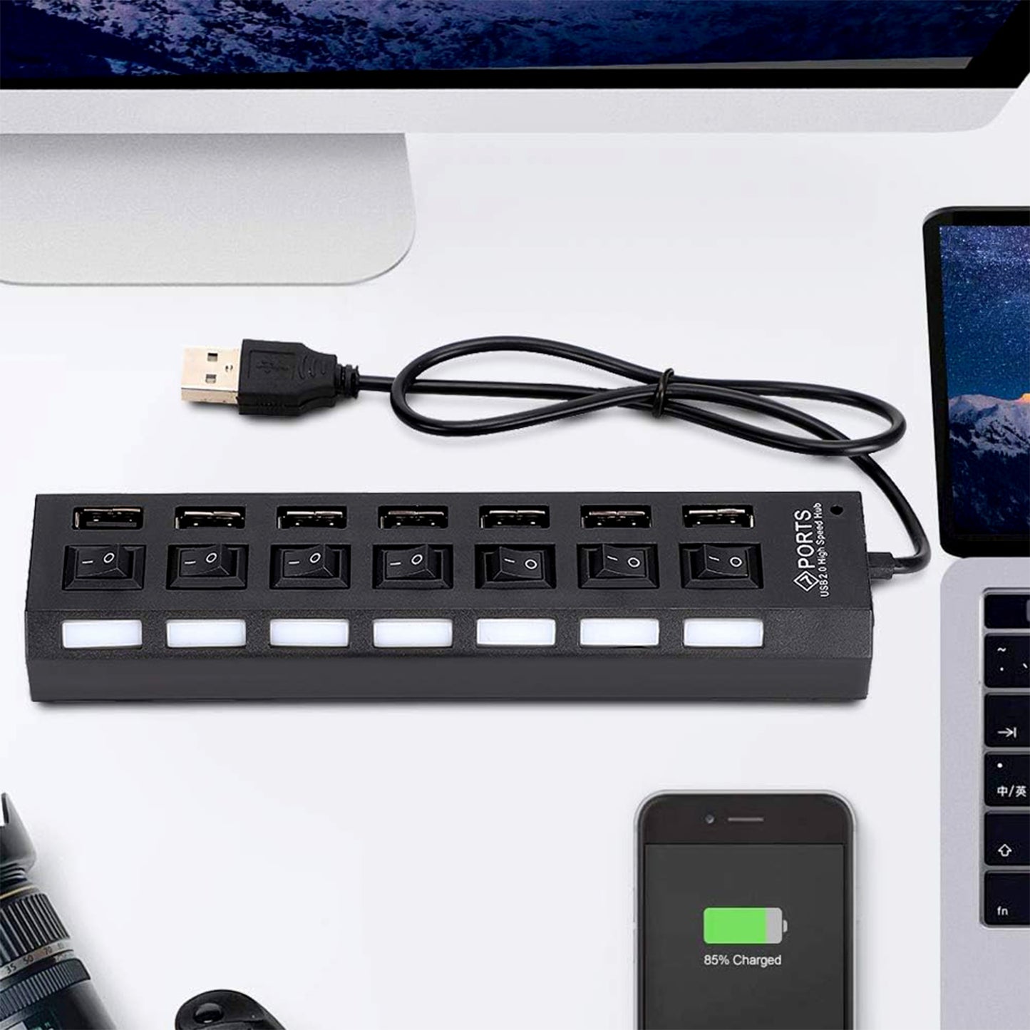 Usb Splitter Multi Port Usb 2.0 Hub 7 Port With Independent Onoff Switch And Led Indicators Usb A Port Data Hub Suitable For Pc Computer Keyboard Laptop Mobile Hdd Flash Drive Camera Etc