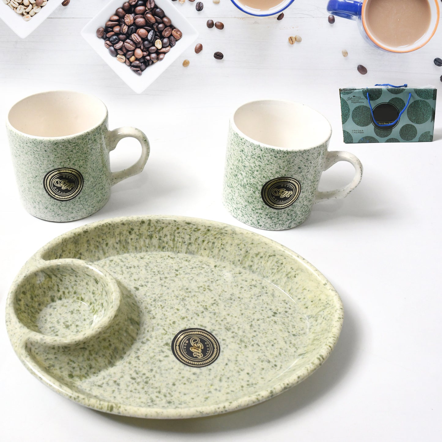 Alpino Ceramic Tea Cups Set With Plastic Serving 2 Compartment Platter Milk Cup Mug Coffee Cup Tea Cup Bpa Free Food Grade Or Outdoor For Household Gift For Birthday (3 Pcs Set)