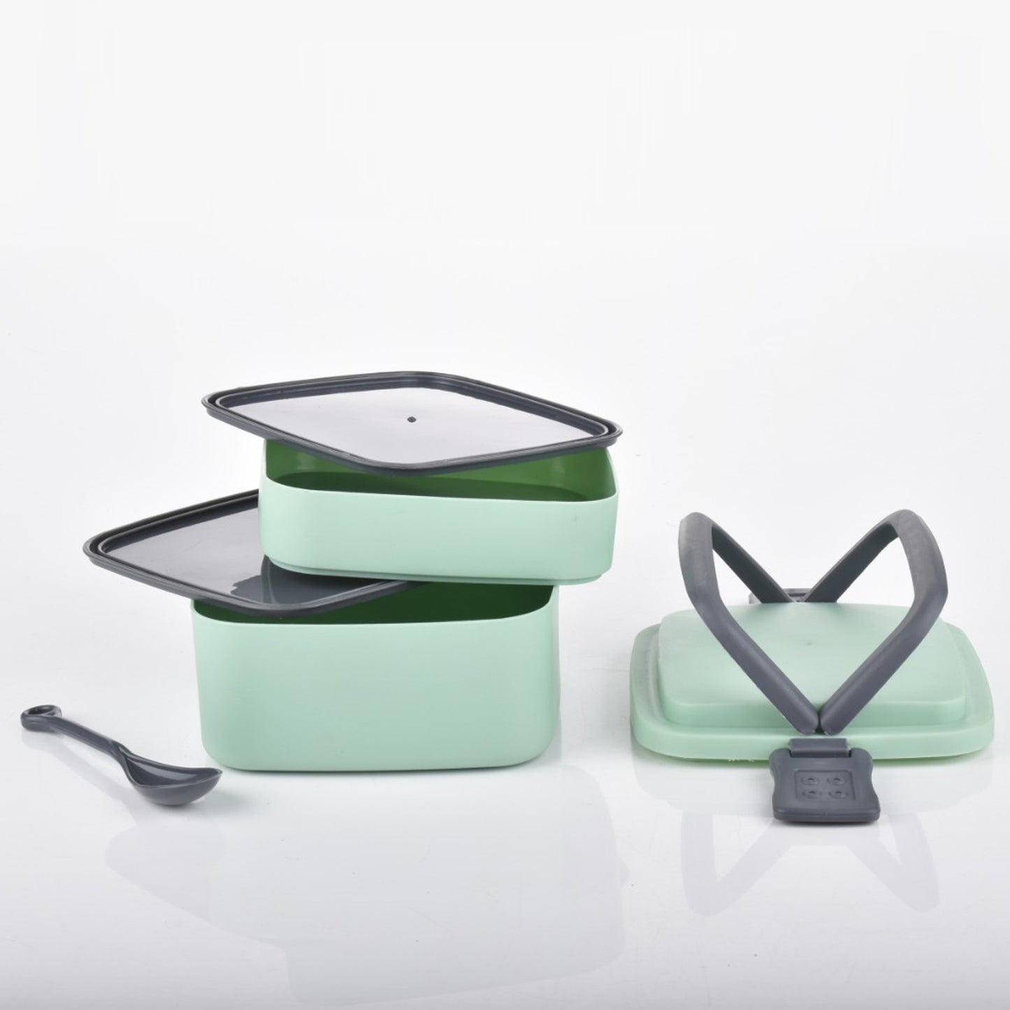 Green Double-Layer Portable Lunch Box Stackable With Carrying Handle And Spoon Lunch Box