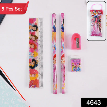 Mix Design Cartoon Wooden Pencil Set Stationary Set 5 In 1 Items Educational Item For School Going Kids Stationary Set For Girls Boysstationary For Schoolgift Pack For Girls Kidsbirthday Gift Kids (5 Pc Set )