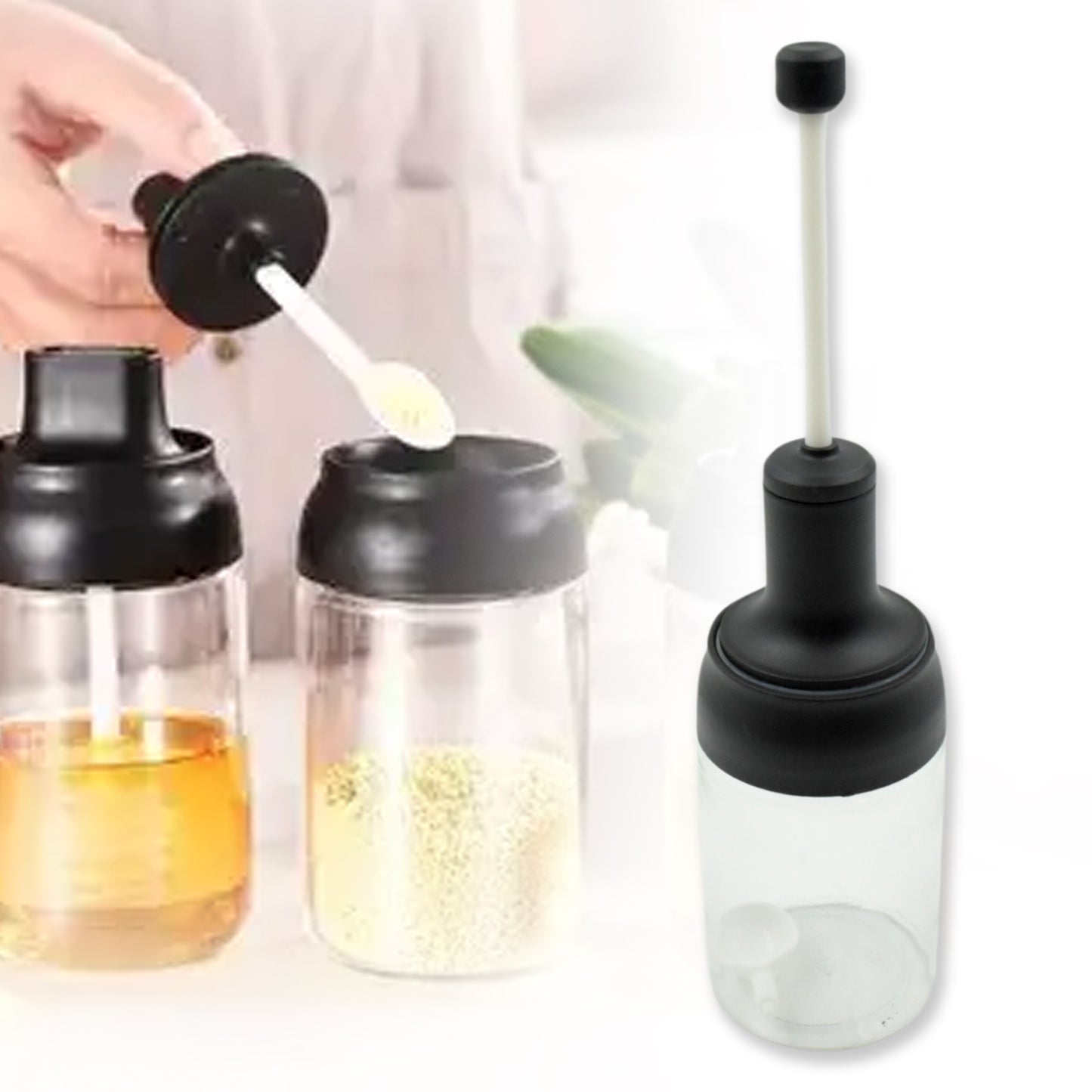 Heat-Resistant Condiment Container Seasoning Box Glass Condiment Canisters Pots Bottle With Serving Spoons For Salt Spice Honey Sugar Bbq Resturant Jar Oil Bottle Honey Jar Dispenser Airtight Cap Transparent (1 Pc)
