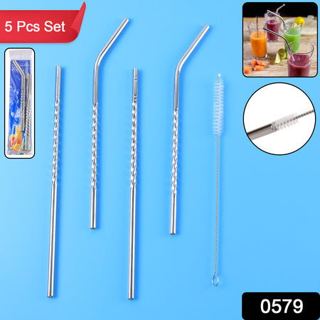 Set Of 4 Stainless Steel Straws Brush (2 Straight Straws 2 Bent Straws 1 Brush)