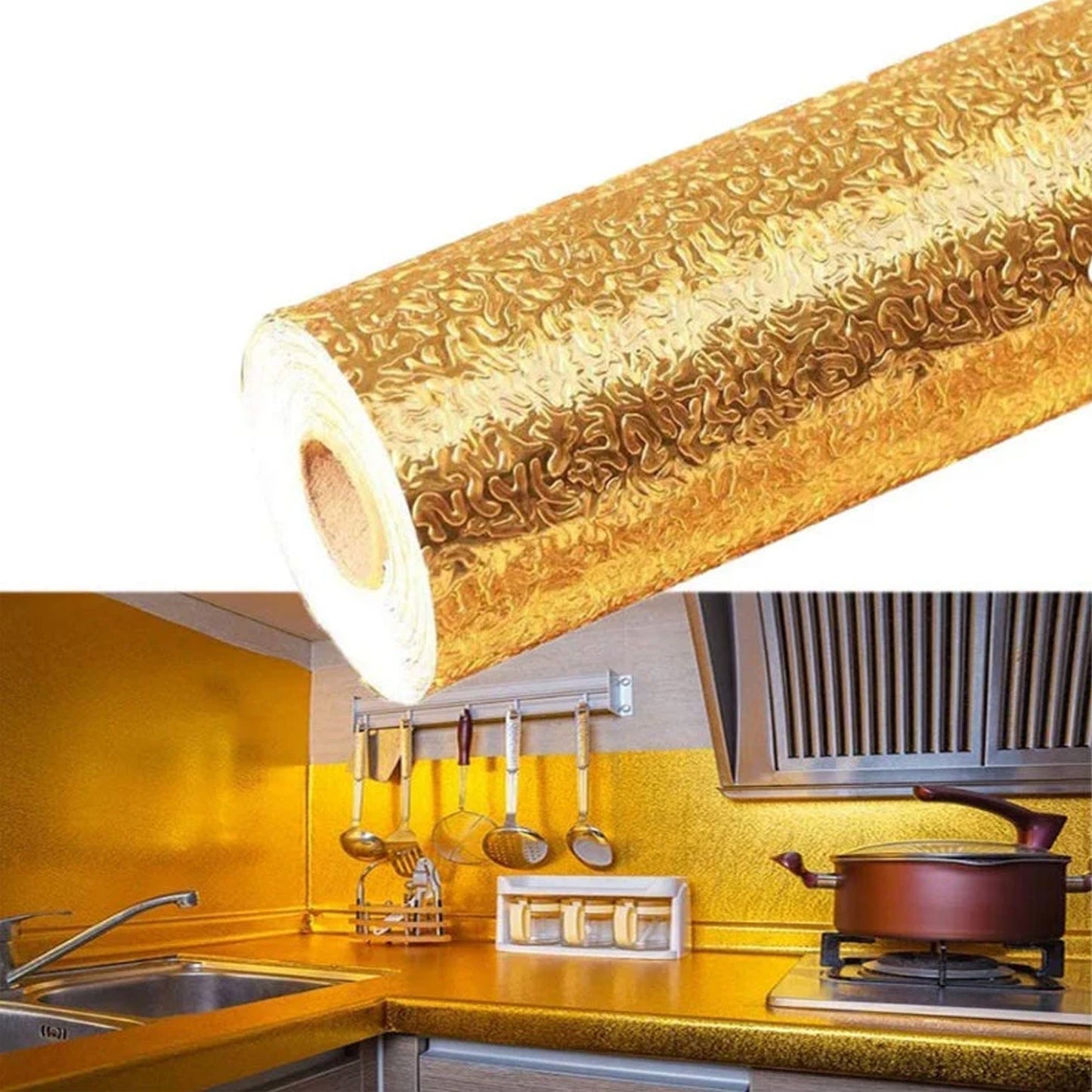 Oil Proof Sticker Waterproof Self Adhesive Aluminum Foil Wallpaper (60 Cm2M Golden 1 Pc)