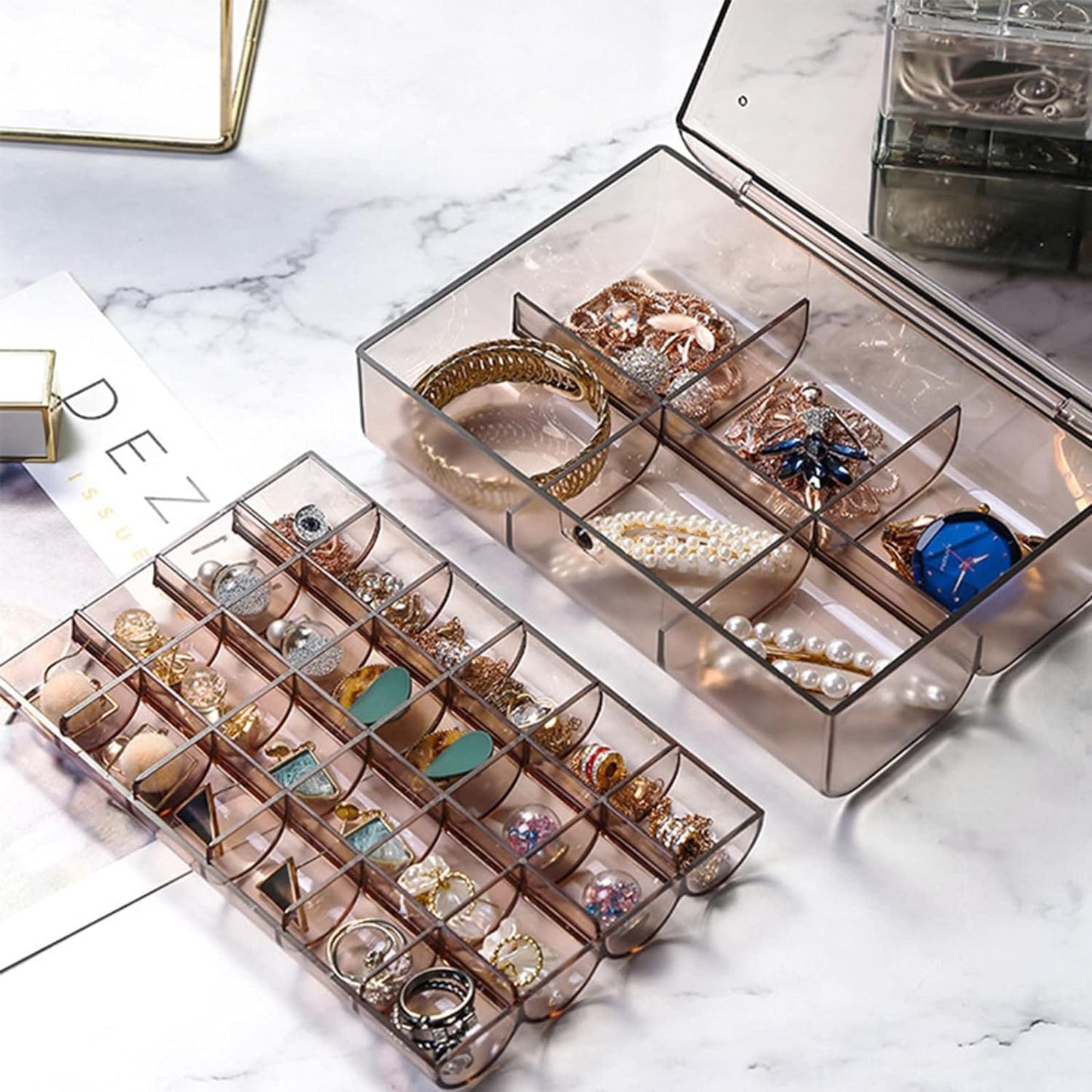 2 Layer Acrylic Jewelry Storage Box Dustproof Earring Box Storage Box Portable Nail Art Storage Case 24-Grid Small And 6-Grid Big Case Makeup Vanity Box (1 Pc 30 Compartment)