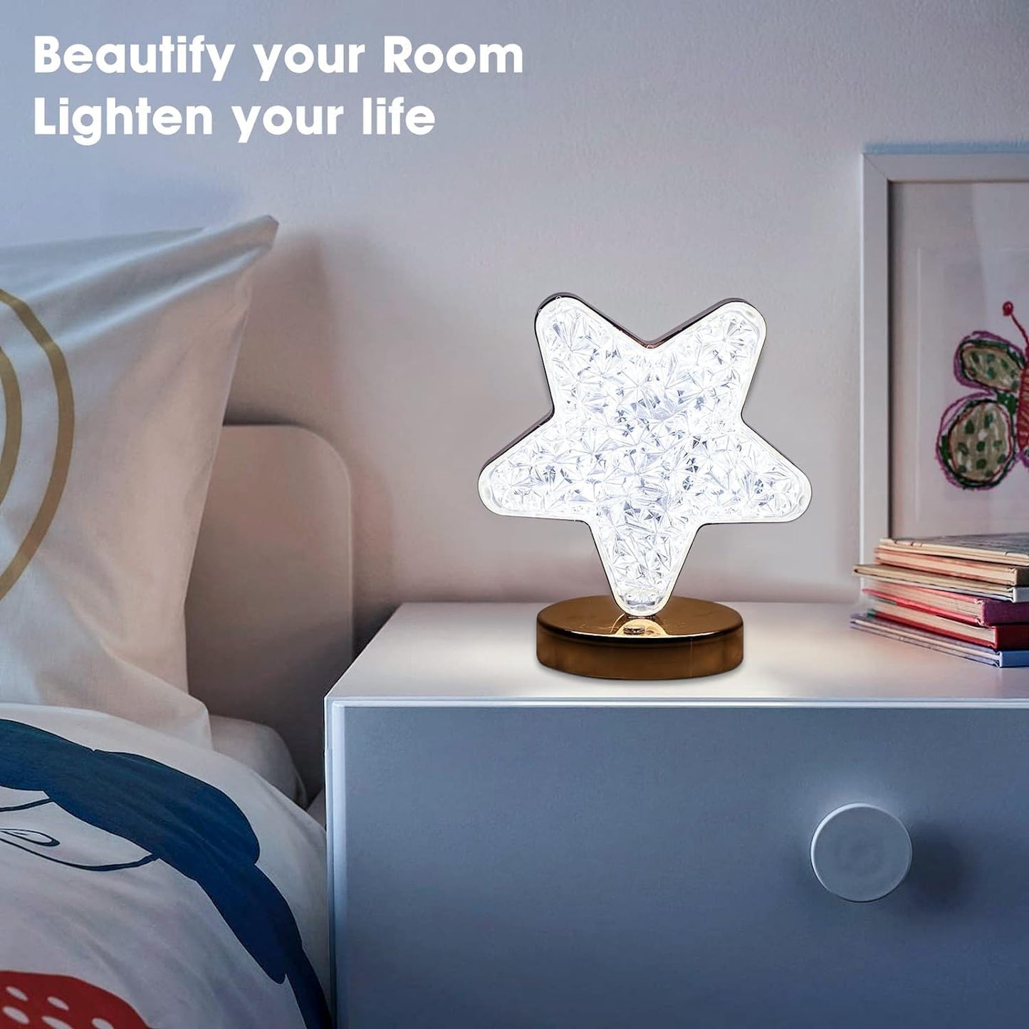 Star Shape Crystal Diamond Lamp Cordless Luxury Lamp With Usb Rechargeable 3-Way Dimmable Touch Control Decorative Nightstand Lamp For Bedroom Living Room Party Restaurant Decor (1 Pc )