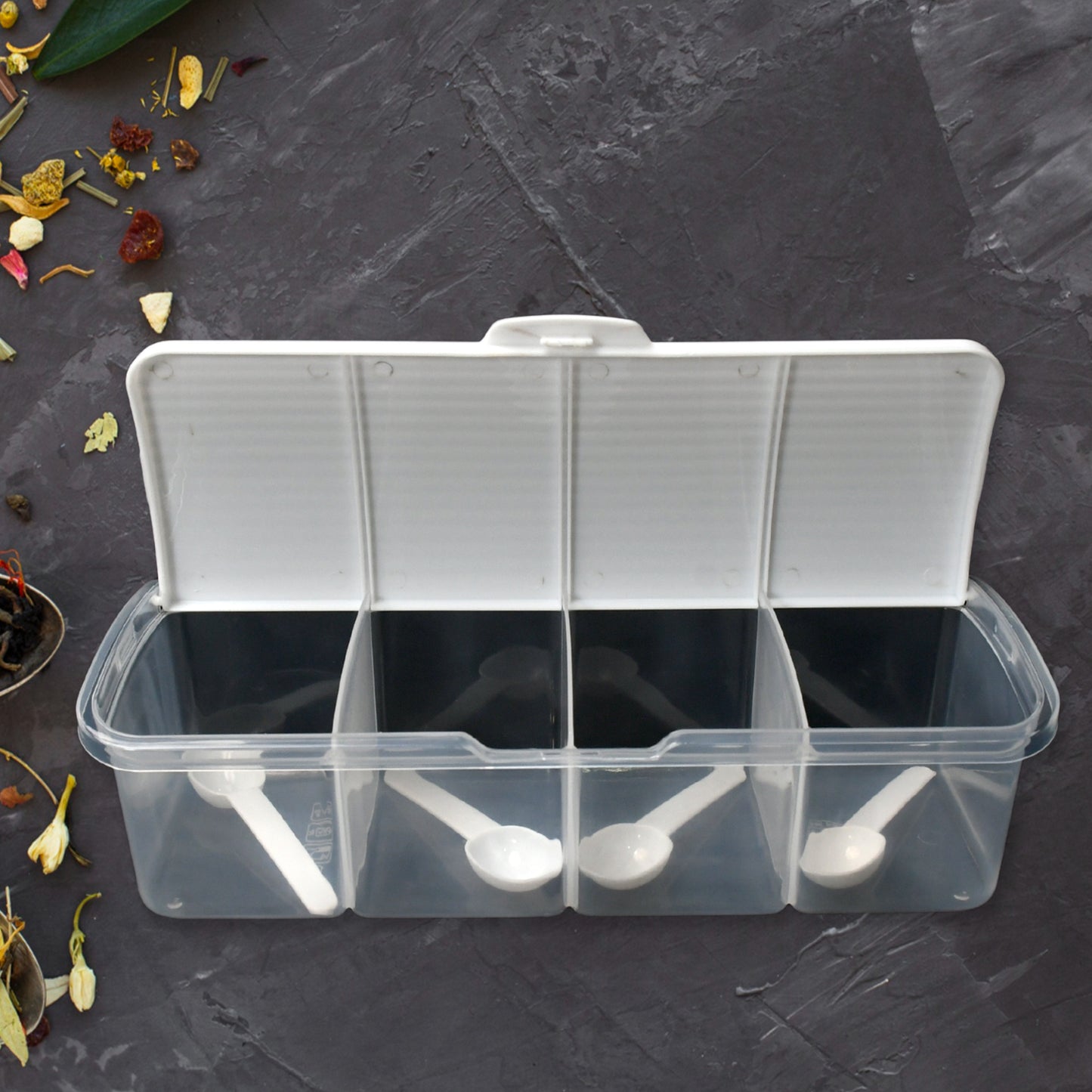 Kitchen Multipurpose Air-Tight 4 Sections Storage Containers Masala Boxpickle (Achar) Jar With 4 Spoon For Each Section (1 Pc Mix Color)