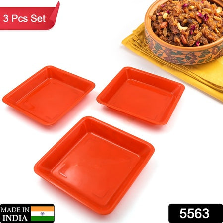 Square Plastic Halwa Dinner Plate Snacks Breakfast Restaurant Serving Trays Home School Coffee Hotel Kitchen Office (3 Pcs Set)