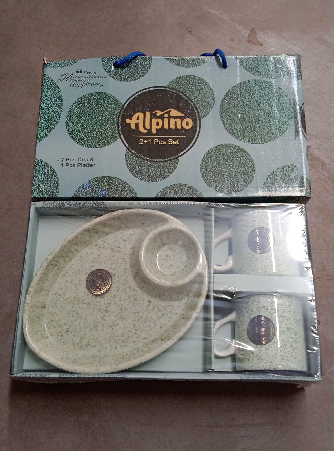 Alpino Ceramic Tea Cups Set With Plastic Serving 2 Compartment Platter Milk Cup Mug Coffee Cup Tea Cup Bpa Free Food Grade Or Outdoor For Household Gift For Birthday (3 Pcs Set)