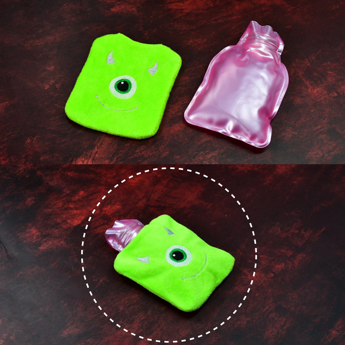 Green One Eye Monster Print Small Hot Water Bag With Cover For Pain Relief Neck Shoulder Pain And Hand Feet Warmer Menstrual Cramps.