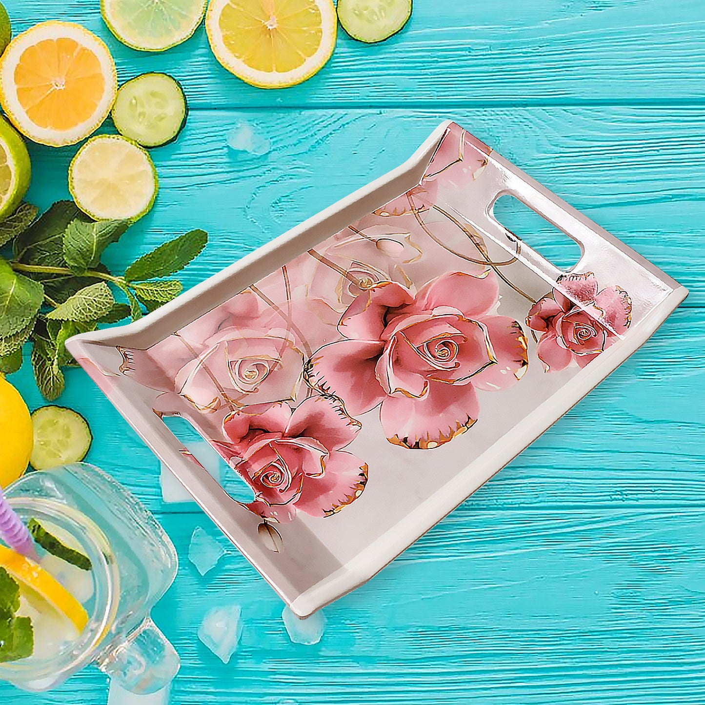 Plastic Rectangular Shape Flower Printed Design Serving Tray 3 Pcs Home And Kitchen Use (3 Pcs Set)