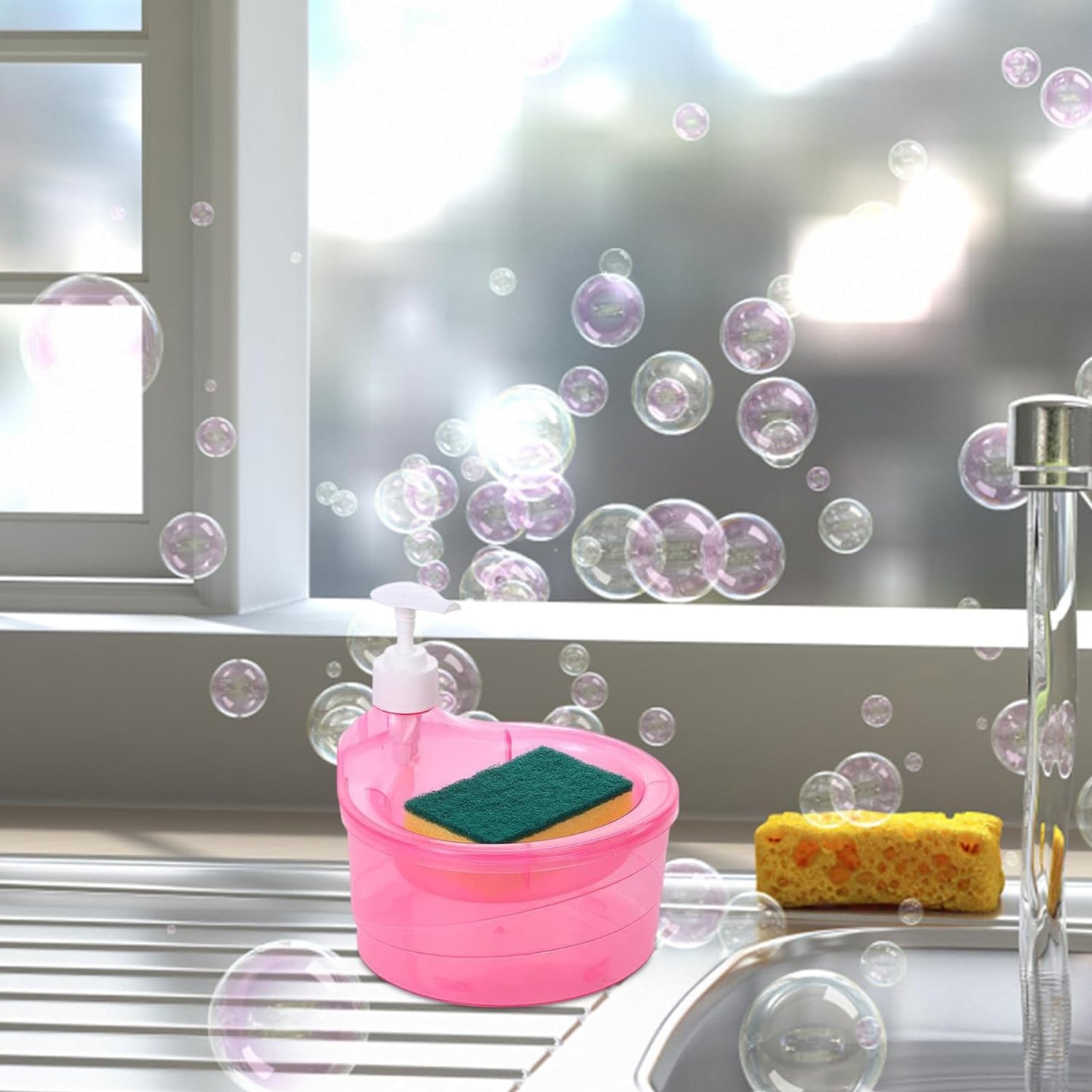 Double Layer Liquid Soap Dispenser With Pump And Sponge Practical For Hotel Sink Clear Soap Dispensing Liquid Pump Bottle For Home Kitchen Rectangle ( 2 In 1 )