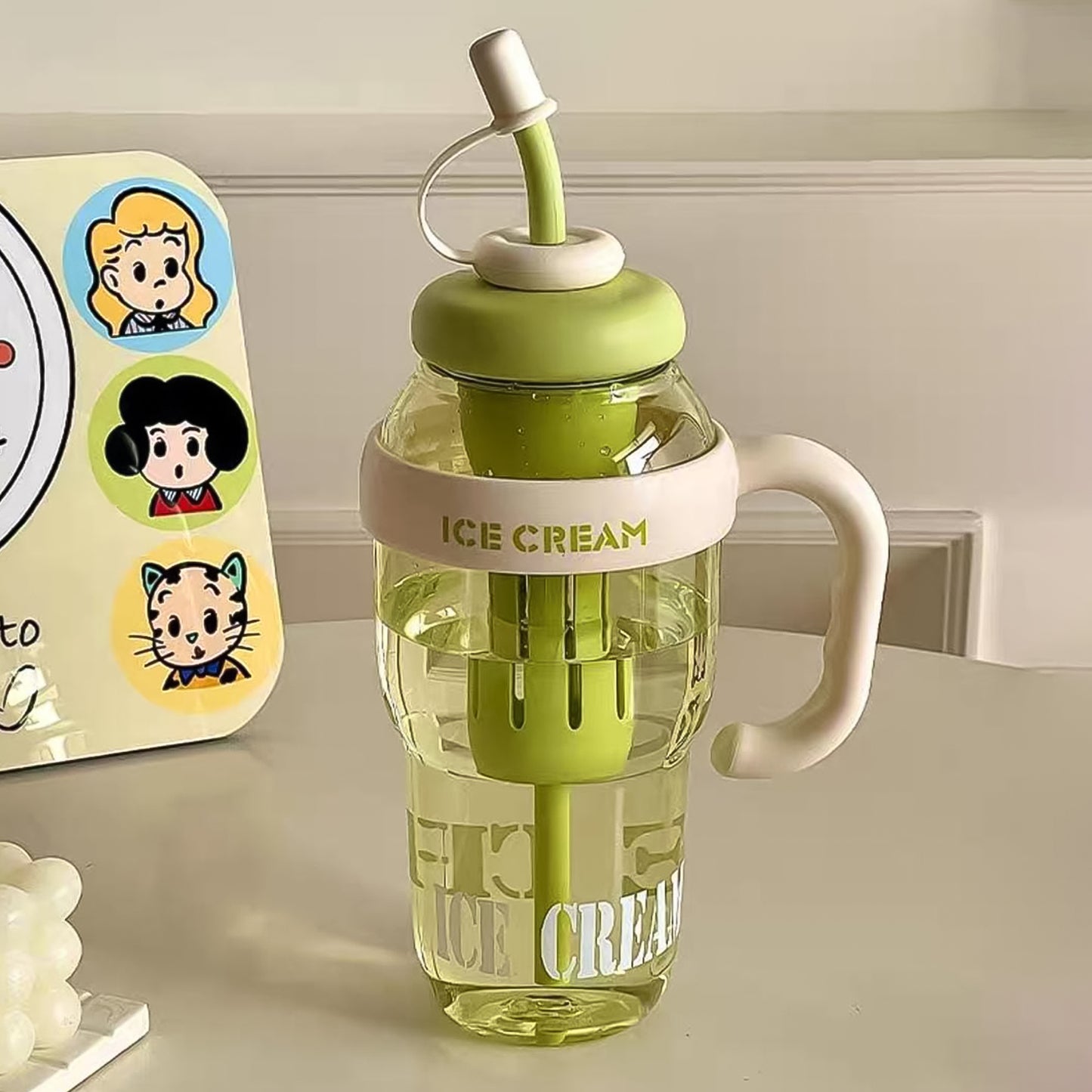 1300Ml Large Capacity Cute Ice Cream Themed Water Bottle With Handle Straw Fruit Infuser Leakproof Sipper For Kids Adults