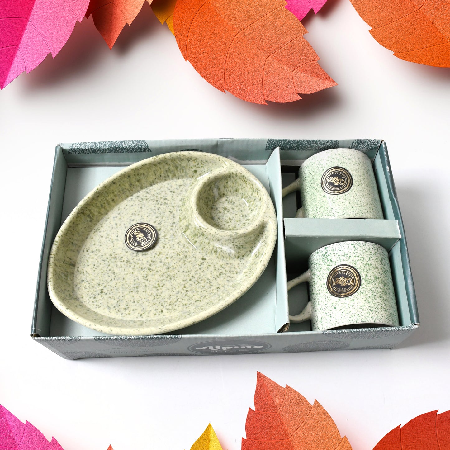 Alpino Ceramic Tea Cups Set With Plastic Serving 2 Compartment Platter Milk Cup Mug Coffee Cup Tea Cup Bpa Free Food Grade Or Outdoor For Household Gift For Birthday (3 Pcs Set)