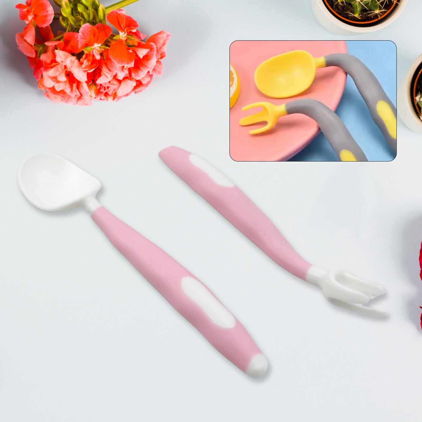 Silicone Bendable Kids Feeding Spoons And Forks Toddler Utensils With Travel Case Baby Spoon And Fork Set For Self-Feeding Learning Bendable Handle For Kid Children Toddlers (2 Pc Set)