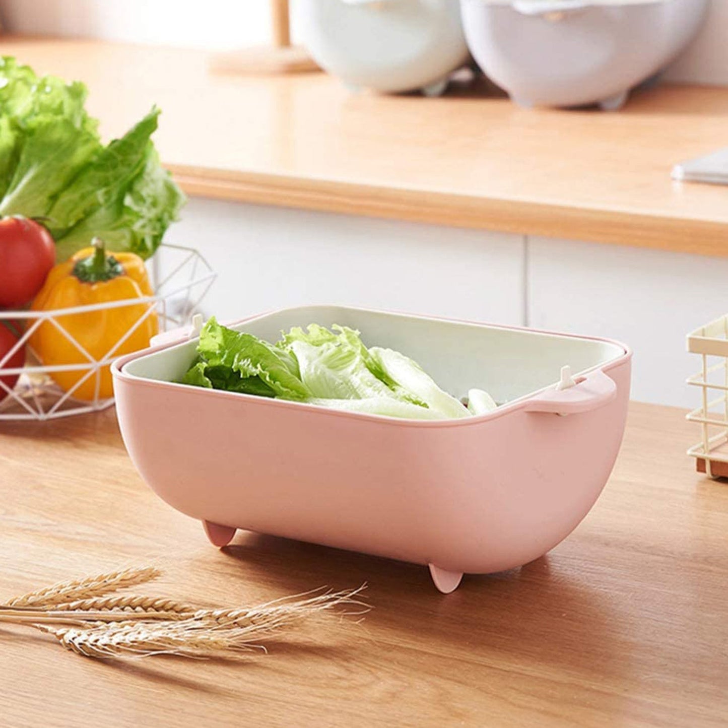 Multifunctional Bpa Free Double Layered Plastic Rotatable Strainer Bowl With Handles For Washing Rinsing Serving Vegetables Fruits (Multicolor)