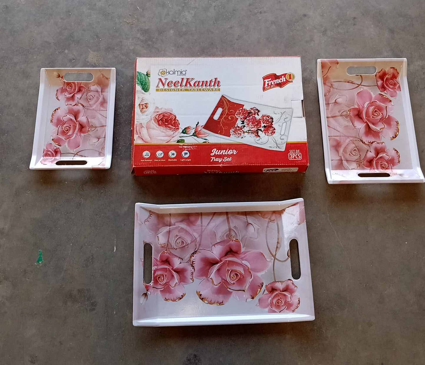 Plastic Rectangular Shape Flower Printed Design Serving Tray 3 Pcs Home And Kitchen Use (3 Pcs Set)
