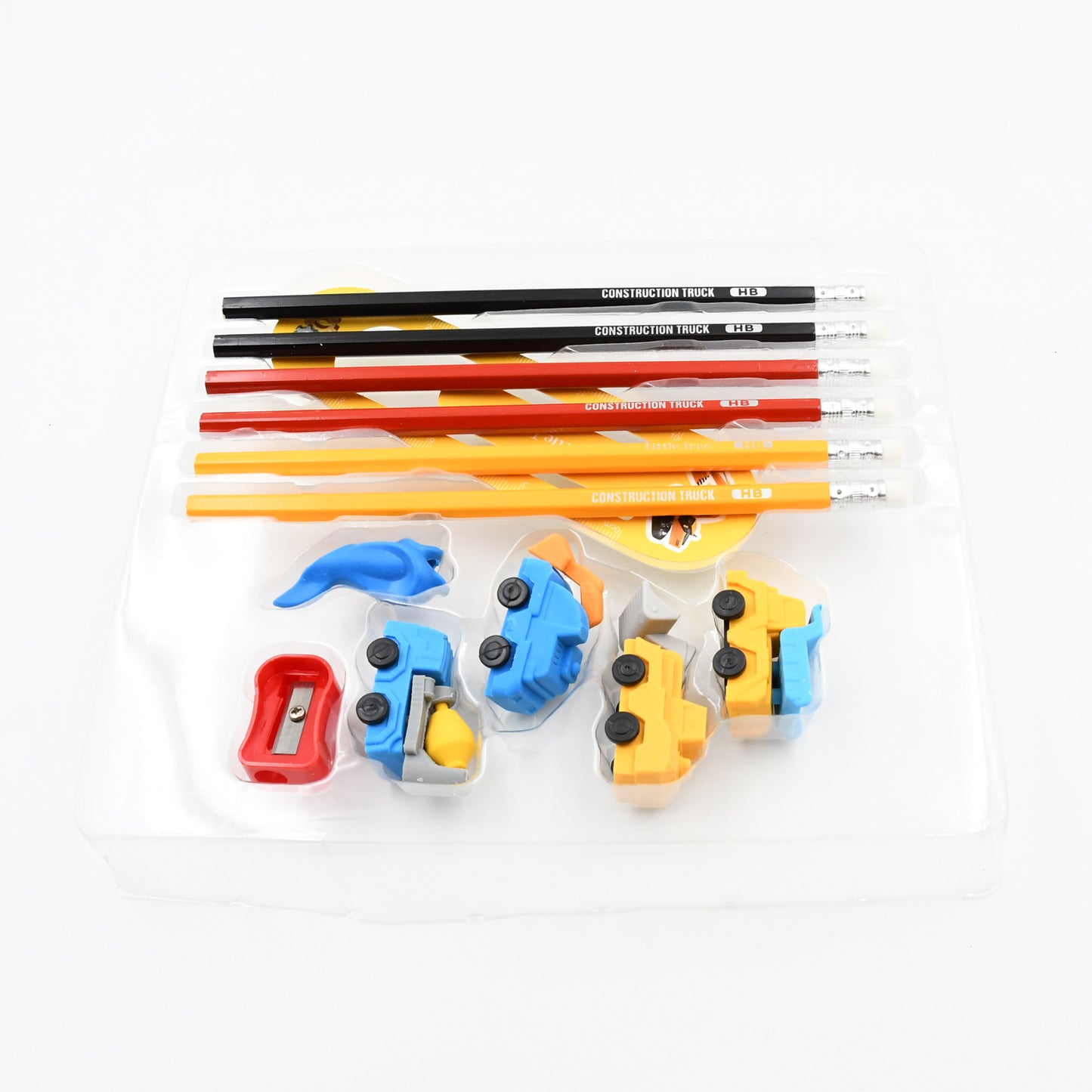 Pencil And Eraser Set Construction Truck Theme Stationery Kit Includes 6 Pencils 4 Erasers 1 Sharpener 1 Ruler Bookmark 1 Pencil Cap Stationary For Birthday Gifts For Kids Birthday Return Gifts (13 Pc Set)