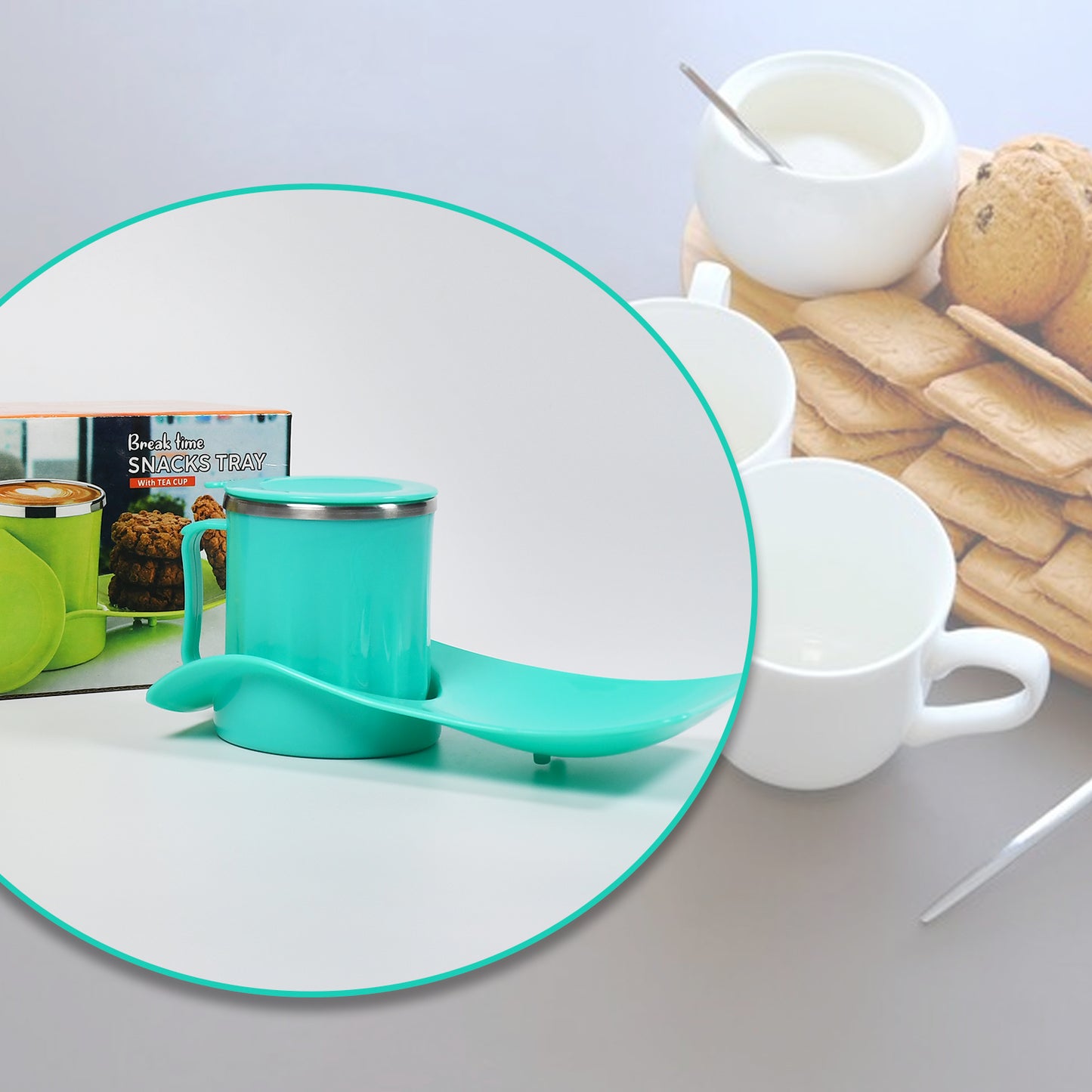 Snacks Tray Inside Steel Cup 350Ml Break Time Tray For Kids Home Use
