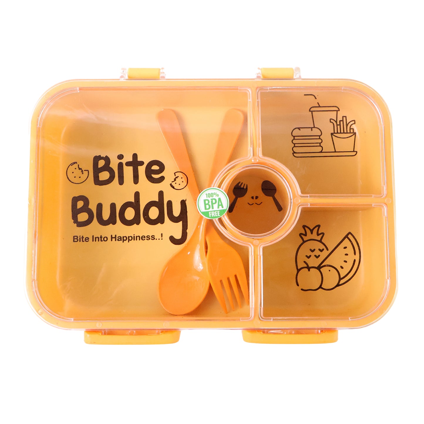 Bitebuddy 4-Compartment Leak-Resistant Plastic Lunch Box With Spoon Fork