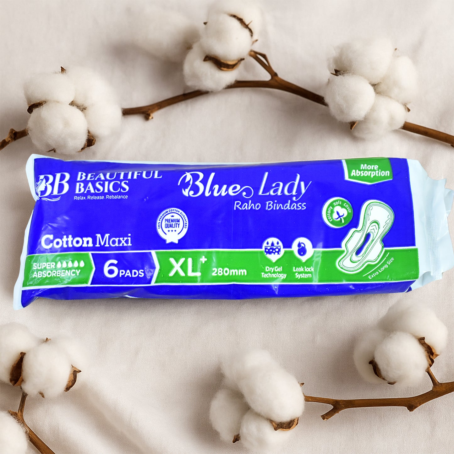 Beautiful Basics Blue Lady Sanitary Pads Xl 280Mm (6 Pc)
