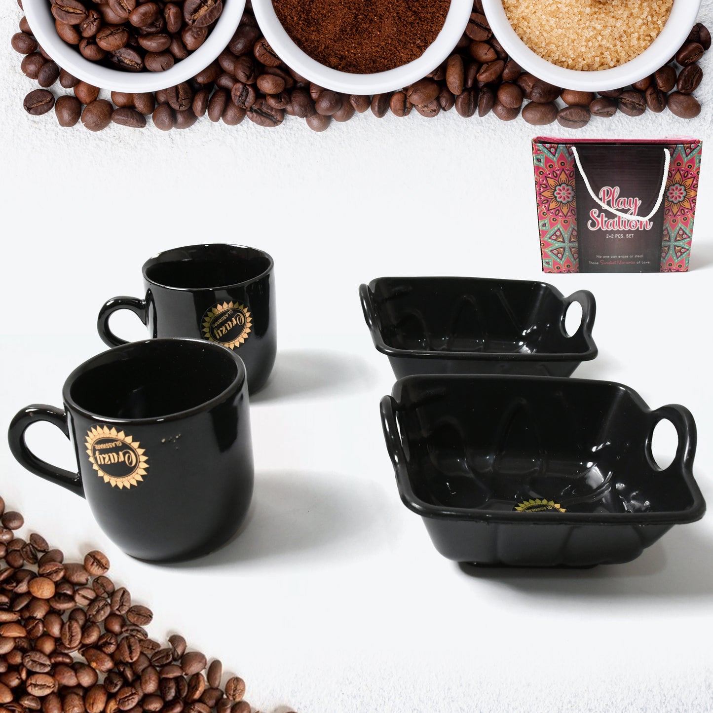 Play Station Ceramic Tea Cups Mug Set With Handle Serving Bowl Milk Cup Coffee Cup Tea Cup Breakfast Cup Drinking Mug Or Outdoor For Household Gift For Birthday Wedding Party (4 Pcs Set)