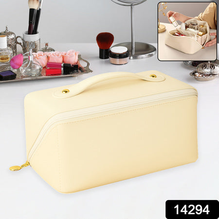 Premium Cream Travel Makeup Toiletry Organizer Pouch With Zipper Handle (1 Pc)