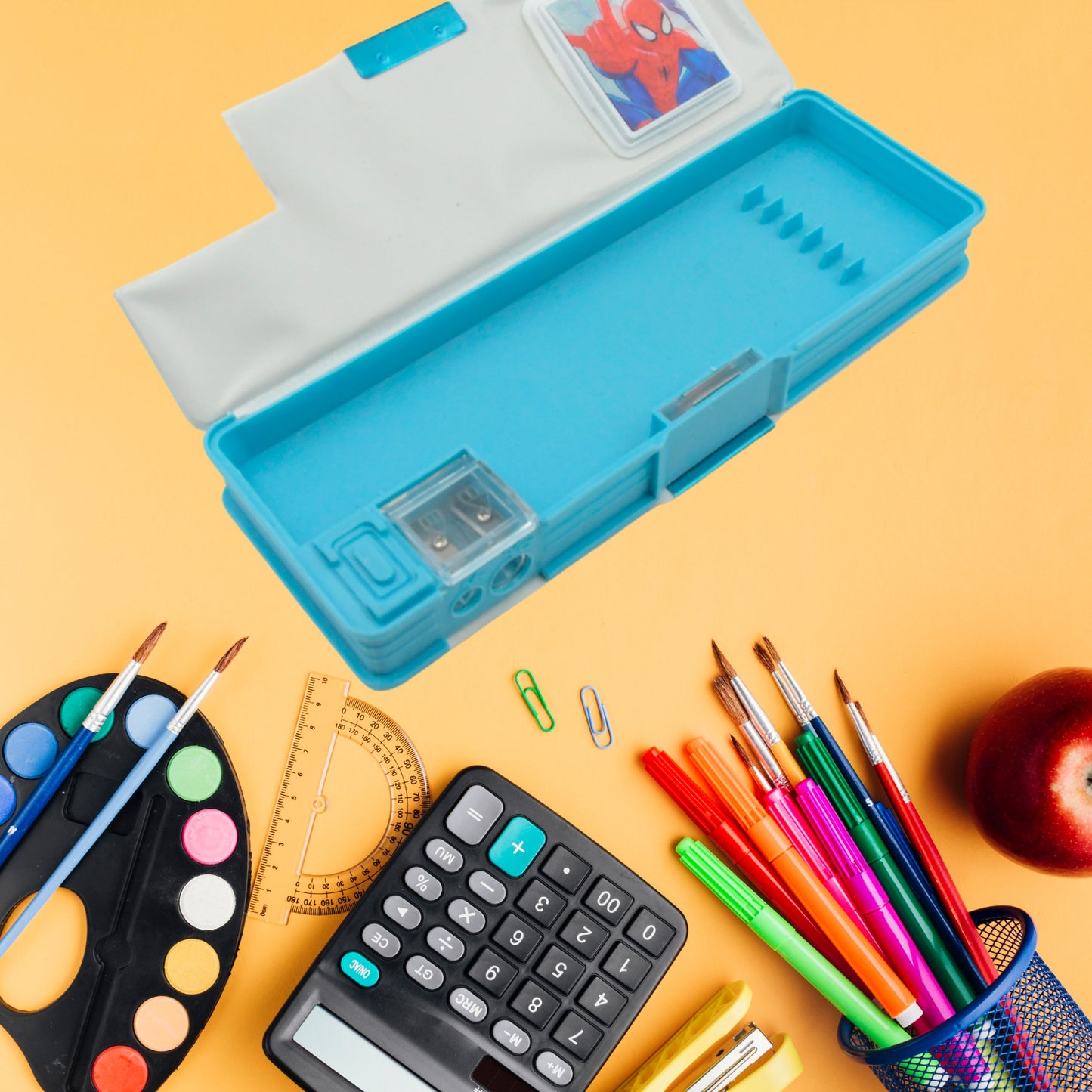 Art Stationery Cartoon Multi-Functional Geometry Box For Boys With Inbuilt Calculator 2 Sides Open And Double Sharpener Stationery Kit Pencil Box For Boys Art Plastic Pencil Box For Girls And Boys