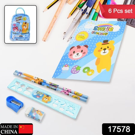 Stationery Kit For Kids - Stationery Set Includes Wooden Pencil Sharpener Pencil And Eraser Set Birthday Return Gift For Kids Boys Girls 2 Pencil 1 Scale 1 Notebook1 Sharpener 1 Eraser With Zip Bag (6 Pcs Set)
