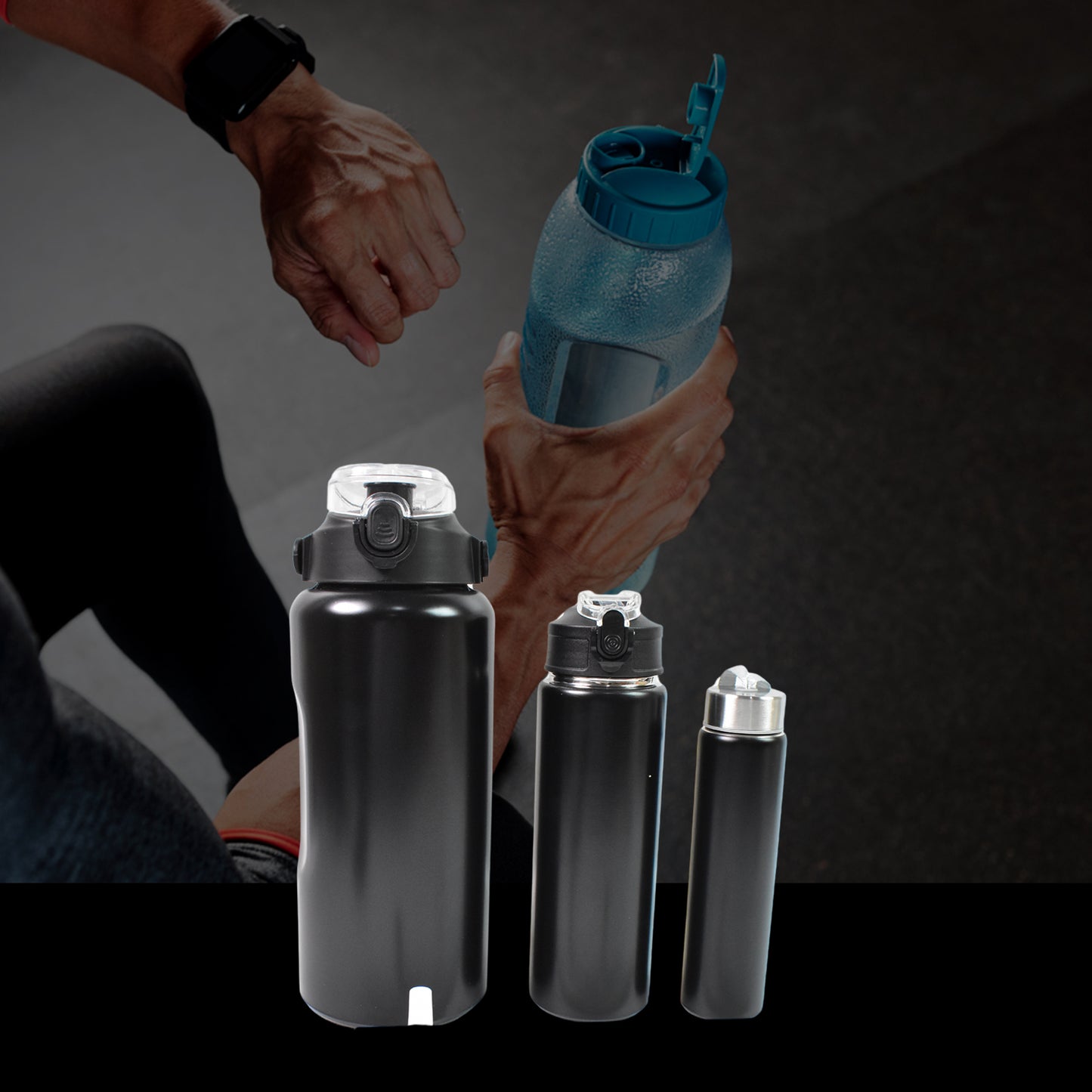 3 In1 Stainless Steel Insulated Water Bottle Double Wall Vacuum (3 Pcs Set Different Size)