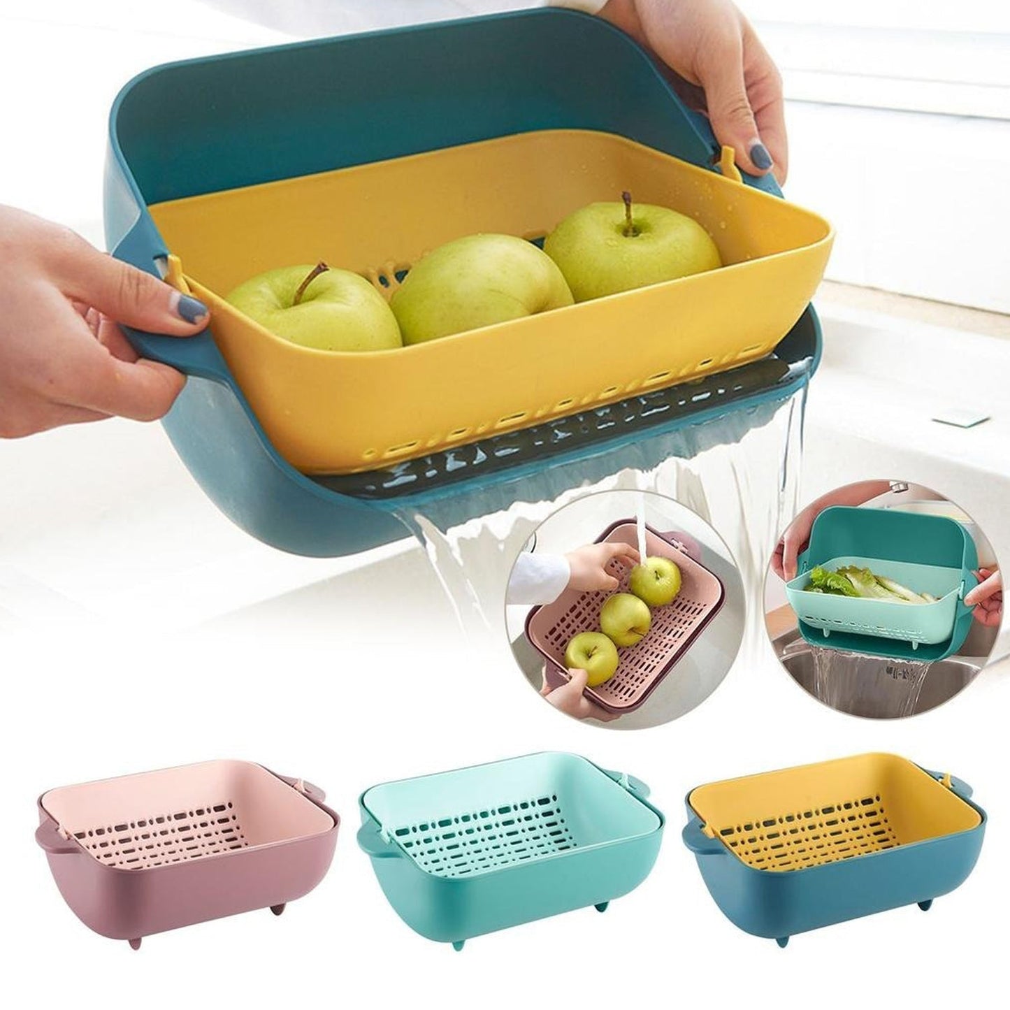Multifunctional Bpa Free Double Layered Plastic Rotatable Strainer Bowl With Handles For Washing Rinsing Serving Vegetables Fruits (Multicolor)