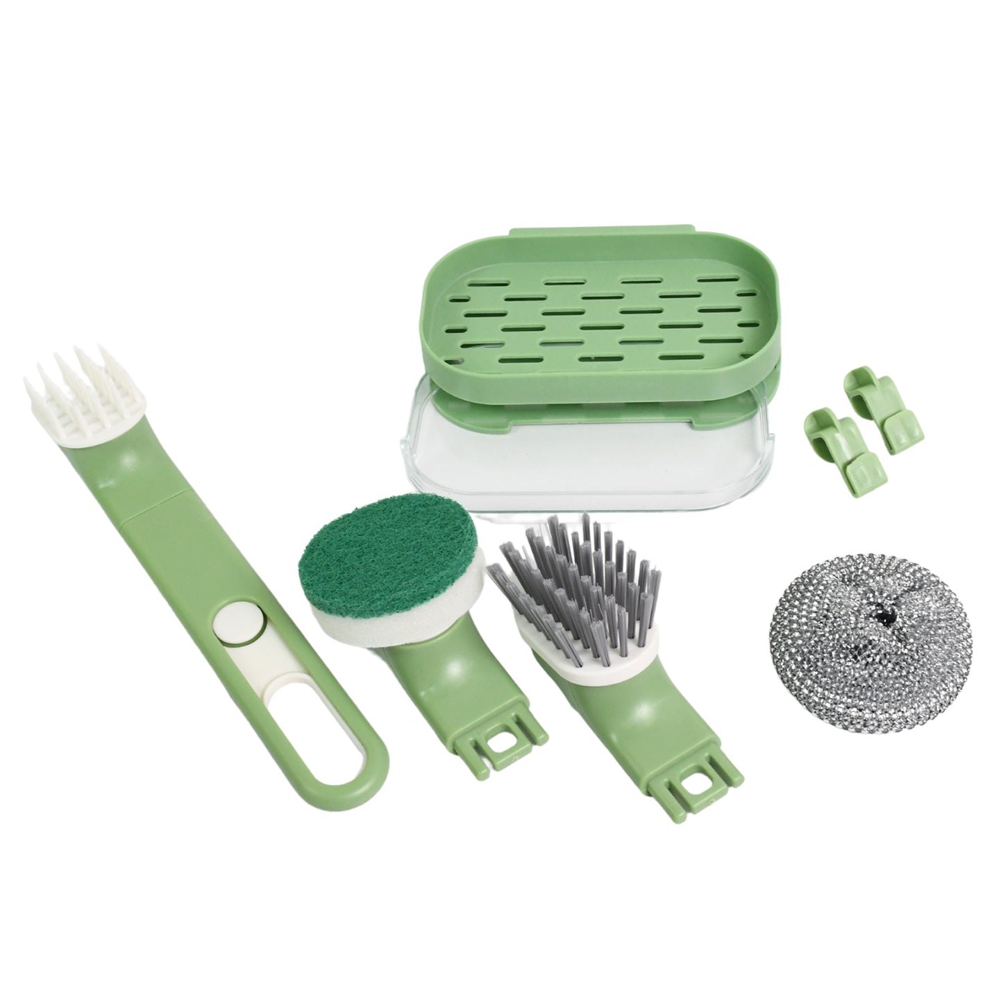 Dishbrush Set With Handle Replacement Heads Drain Tray In Kitchen (9 Pcs Set)