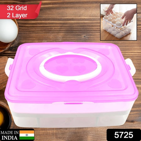 2Layer 32 Grid Egg Tray With Lid Egg Carrier Holder For Refrigerator Camping Food Storage Container With Handle (1 Pc )