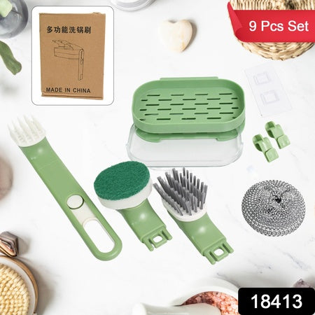 Dishbrush Set With Handle Replacement Heads Drain Tray In Kitchen (9 Pcs Set)
