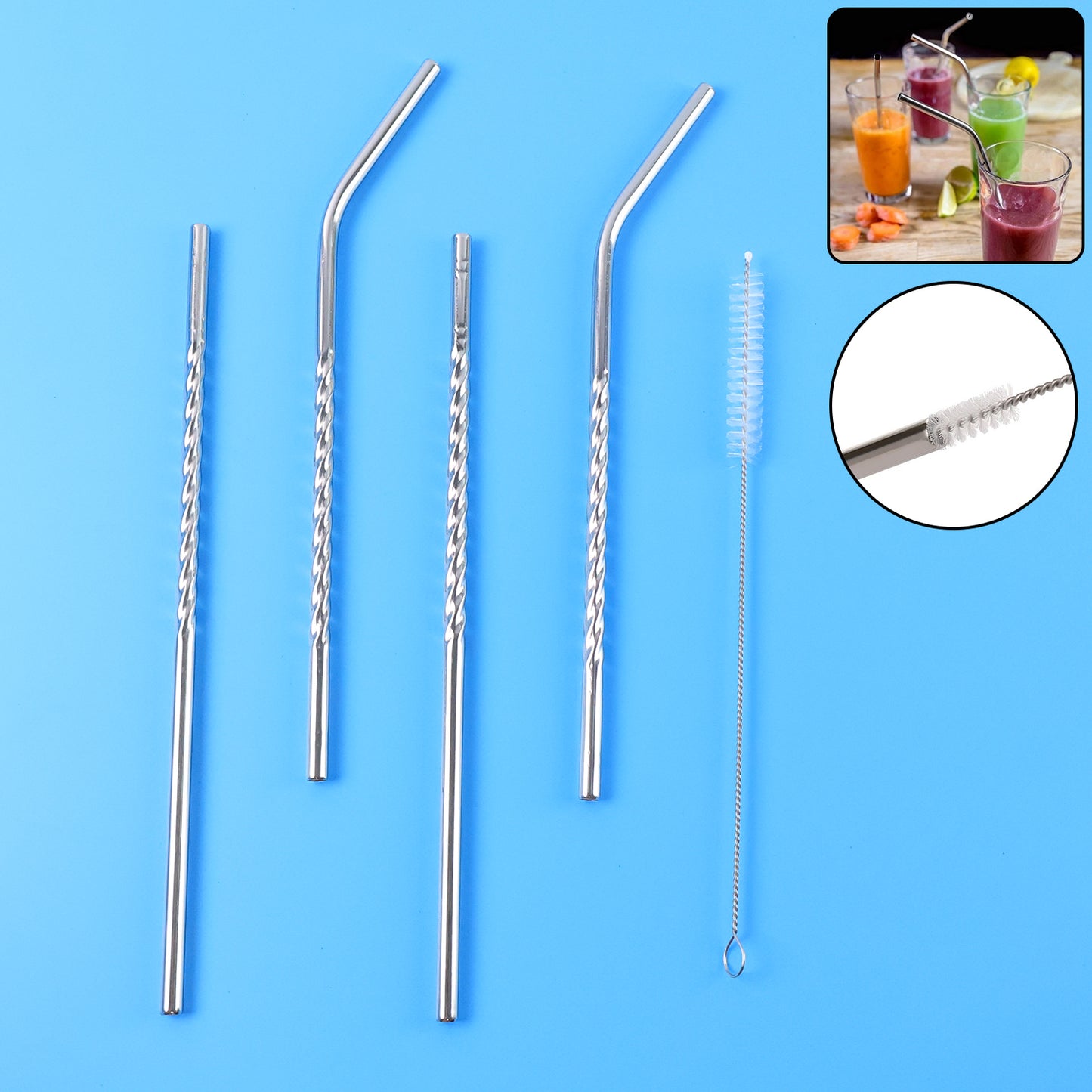 Set Of 4 Stainless Steel Straws Brush (2 Straight Straws 2 Bent Straws 1 Brush)