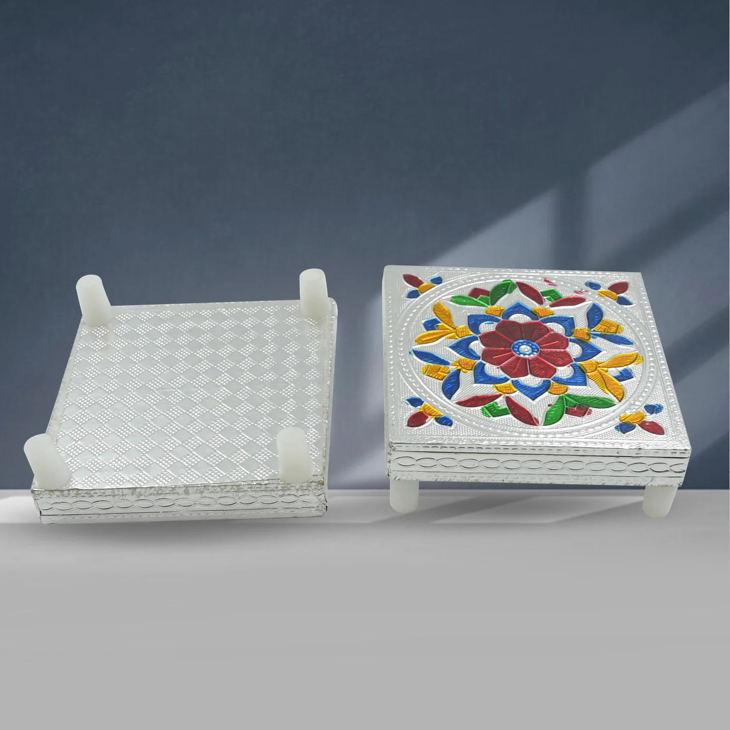 Handicraft Meenakari Wooden Chowki Puja Bajot For Home Office Decor For Puja Multicolour (1 Pc Set)