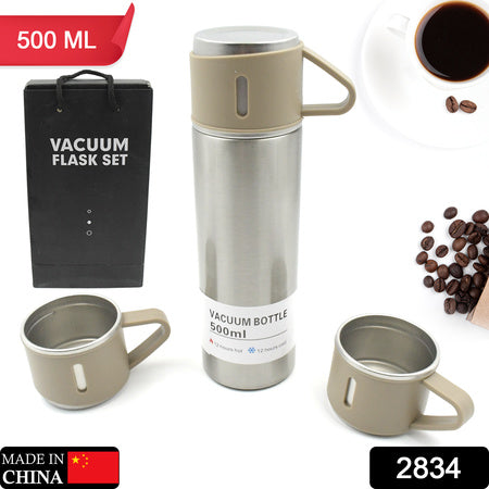 Stainless Steel Vacuum Flask Set With 3 Steel Cups Combo For Coffee Hot Drink And Cold Water Flask Ideal Gifting Travel Friendly Latest Flask Bottle. (500Ml)