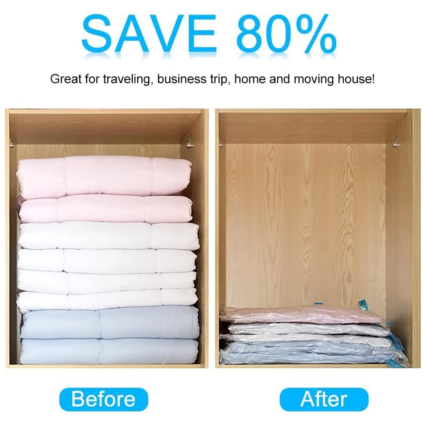 Vacuum Storage Bags With Suction Pump Shirt Clips - Vacuum Bags - Big Capacity Vacuum Seal Bags For Travel Clothes Blankets Pillows Compression Bags Space Saver Vacuum Storage Bags (5 Pcs Set)