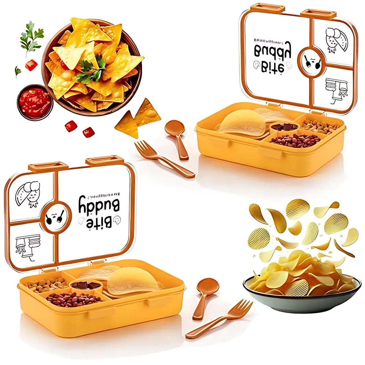Bitebuddy 4-Compartment Leak-Resistant Plastic Lunch Box With Spoon Fork