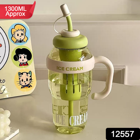 1300Ml Large Capacity Cute Ice Cream Themed Water Bottle With Handle Straw Fruit Infuser Leakproof Sipper For Kids Adults