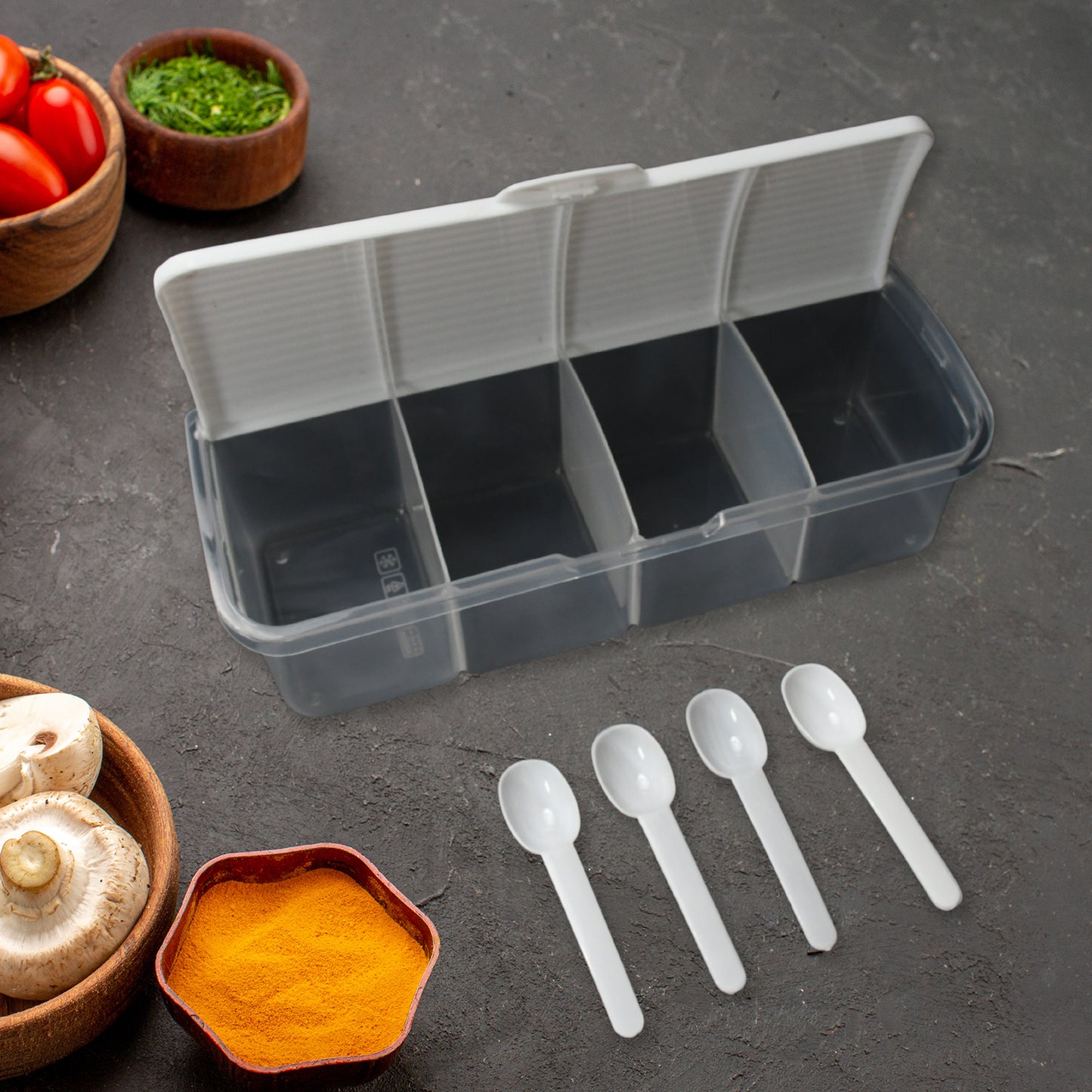 Kitchen Multipurpose Air-Tight 4 Sections Storage Containers Masala Boxpickle (Achar) Jar With 4 Spoon For Each Section (1 Pc Mix Color)
