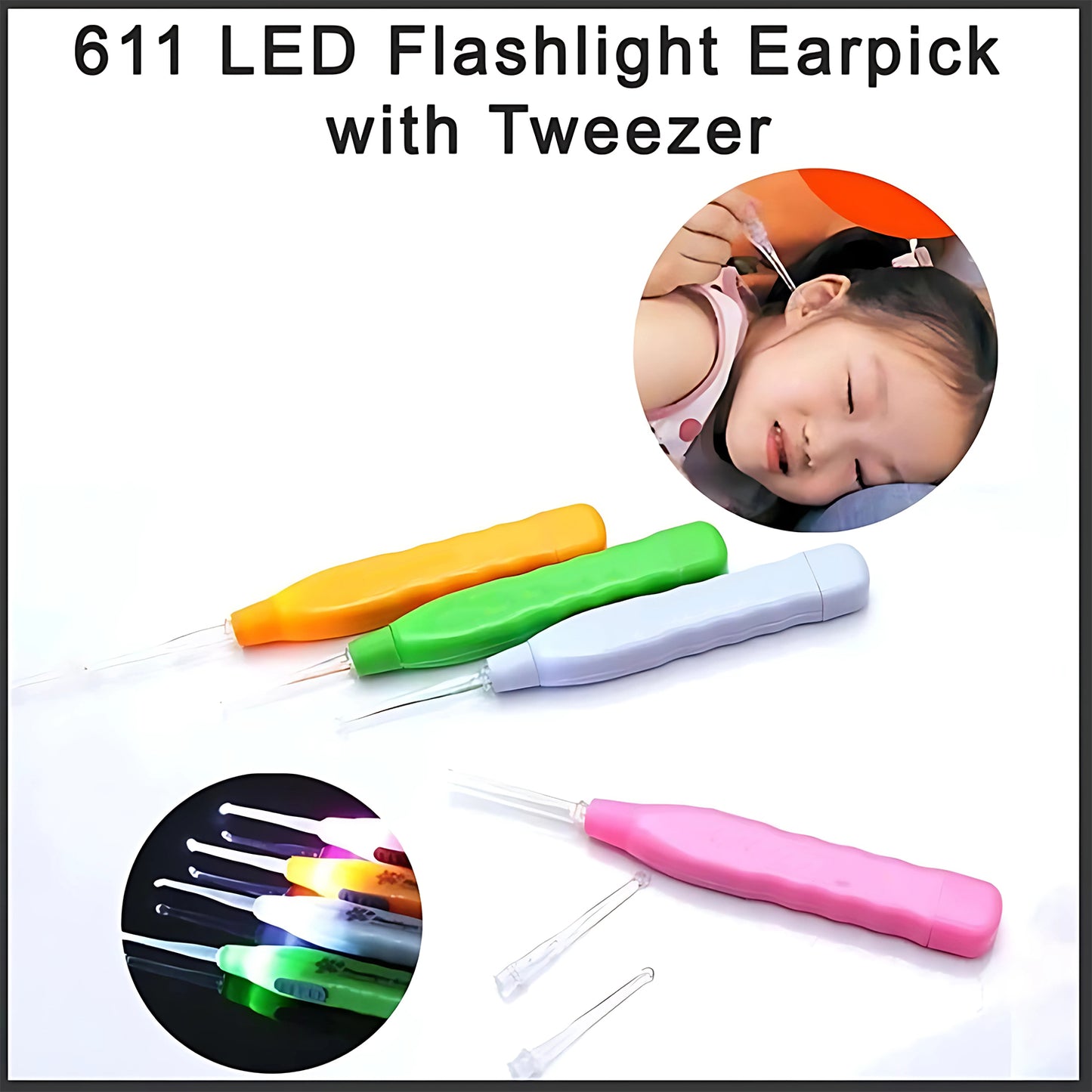 Pinkled Flashlight Earpick With Tweezer (1 Pc)