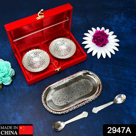 Silver Plated 2 Bowl 2 Spoon Tray Set Brass With Red Velvet Gift Box Serving Dry Fruits Desserts Gift