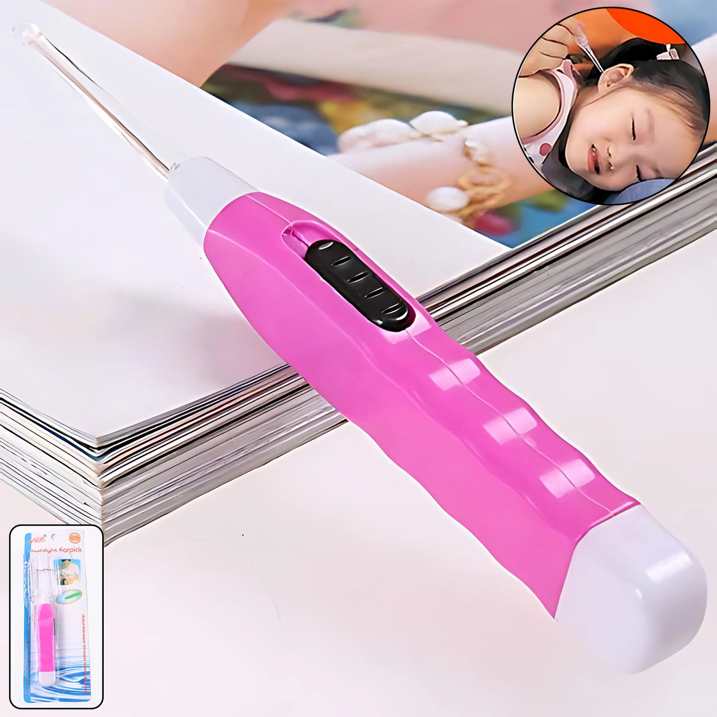 Pinkled Flashlight Earpick With Tweezer (1 Pc)
