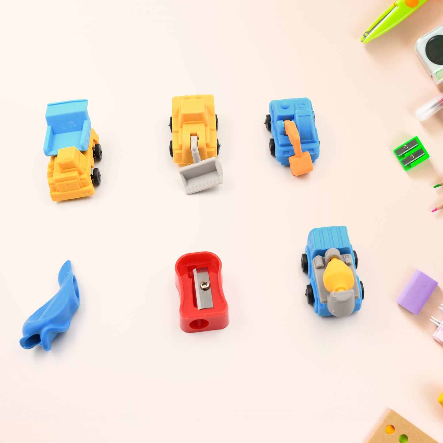 Pencil And Eraser Set Construction Truck Theme Stationery Kit Includes 6 Pencils 4 Erasers 1 Sharpener 1 Ruler Bookmark 1 Pencil Cap Stationary For Birthday Gifts For Kids Birthday Return Gifts (13 Pc Set)