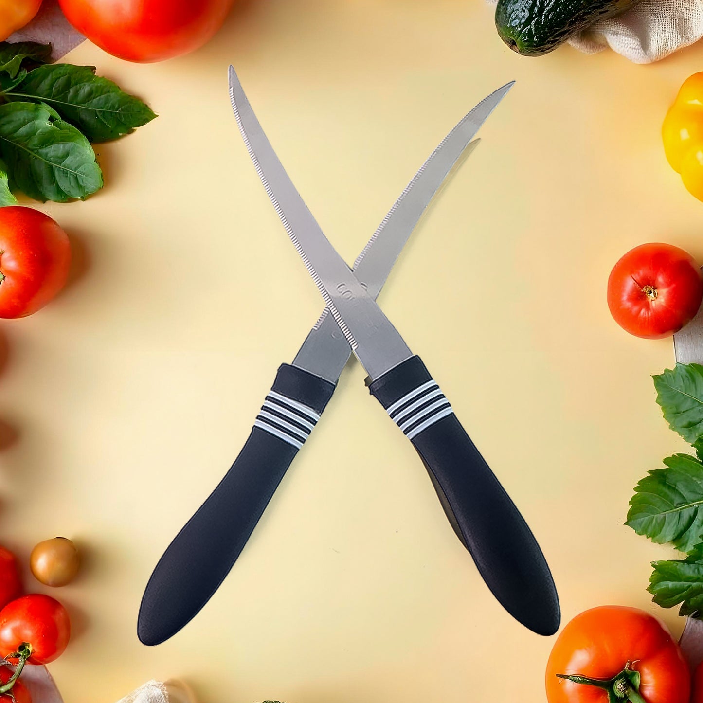 Premium Curved Serrated Stainless Steel Kitchen Knife Set (Mix Color 2 Pc)