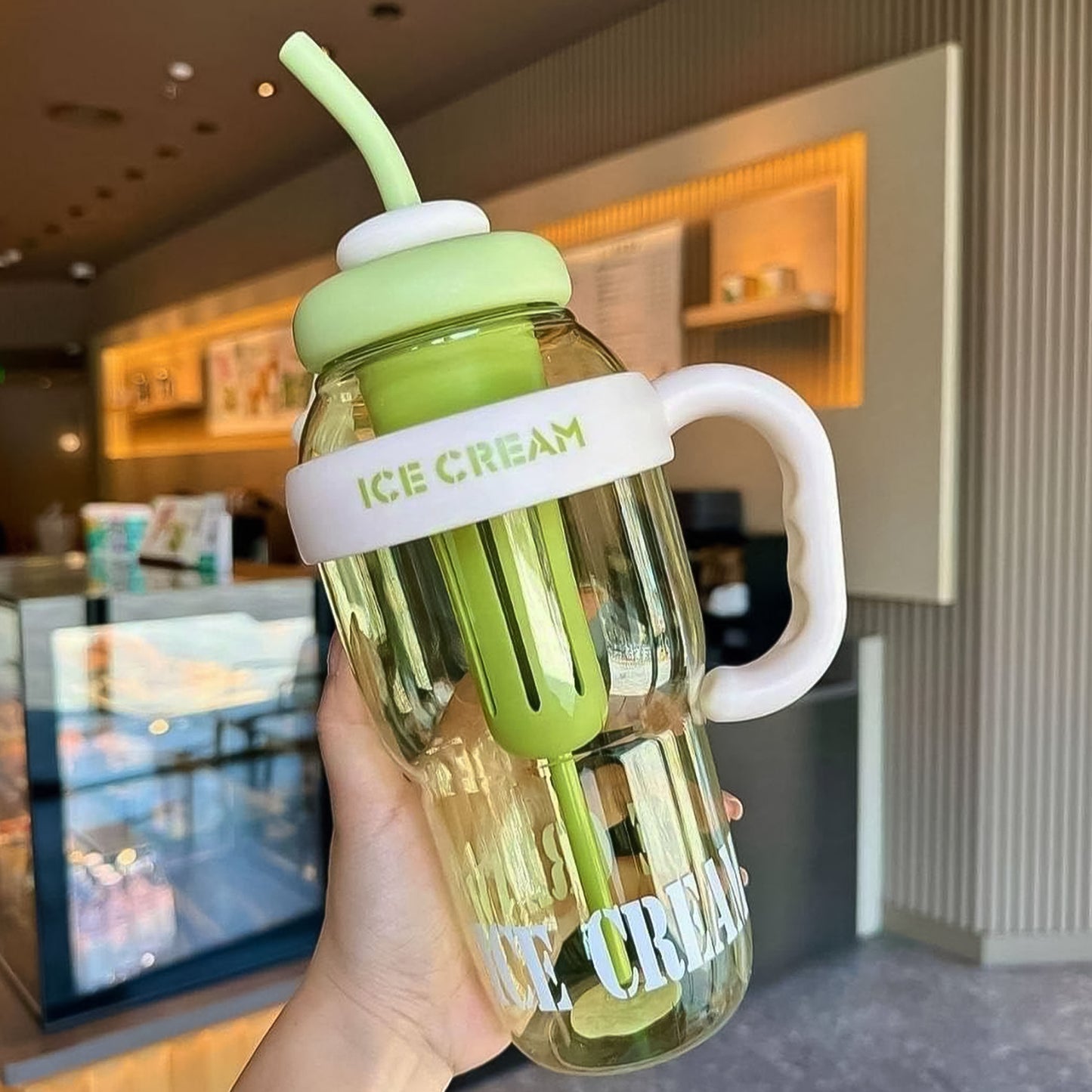 1300Ml Large Capacity Cute Ice Cream Themed Water Bottle With Handle Straw Fruit Infuser Leakproof Sipper For Kids Adults