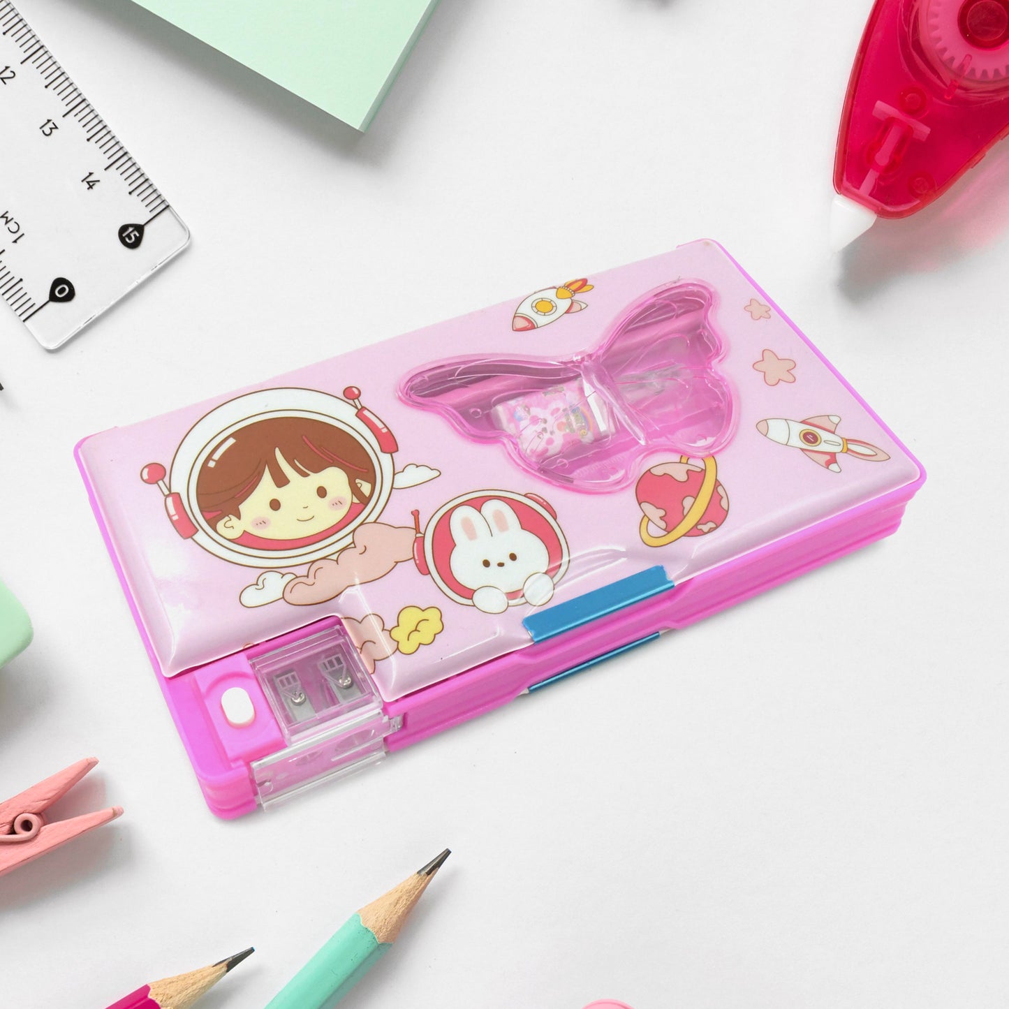 Printed Pencil Case For Kidsmulti Compartment Compass Pencil Box With Sharpener Eraser Pencil Scale School Supplies Pencil Compass Boxstationery Case (Pack Of 1)