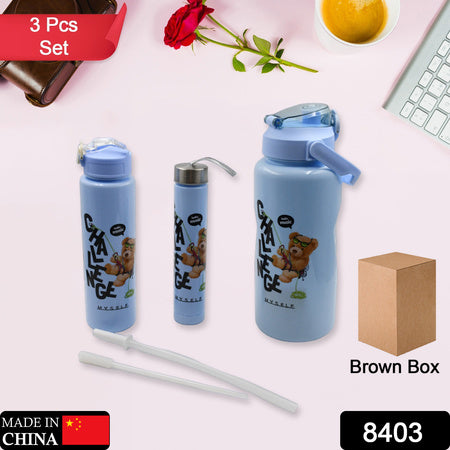 Plastic Water Bottle 3Pc Set3 Different Size Bottle High Quality Water Bottle Plastic Water Bottle Bpa-Free Leak-Proof Cartoon Printed Design For Kids School For Fridge Office Sports School Gym Yoga (3 Pc Set)