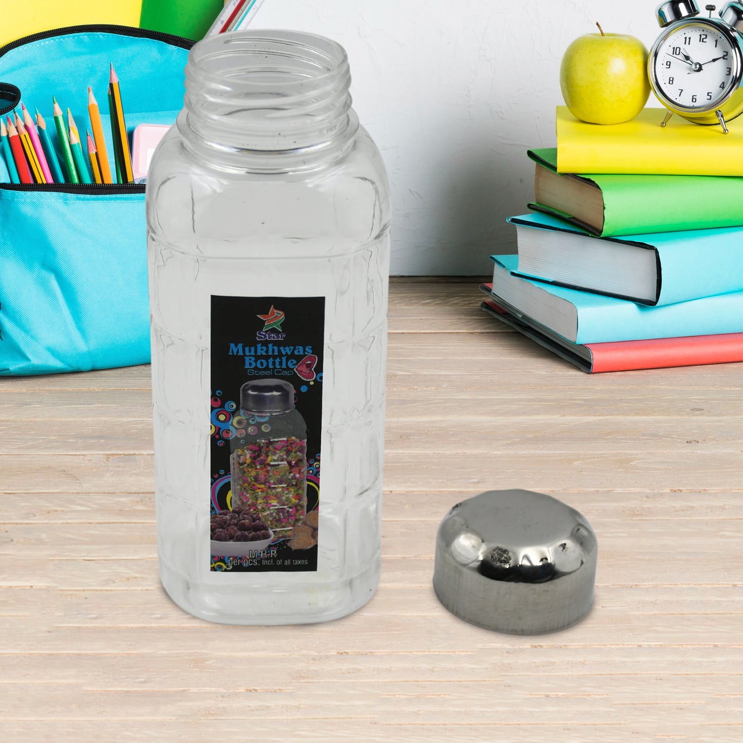 Plastic Transparent Mukhwas Bottle With Steel Cap Mouth Freshener Dryfruits Multipurpose Air Tight And Bpa Free Kitchen Storage Bottle (1 Pc)