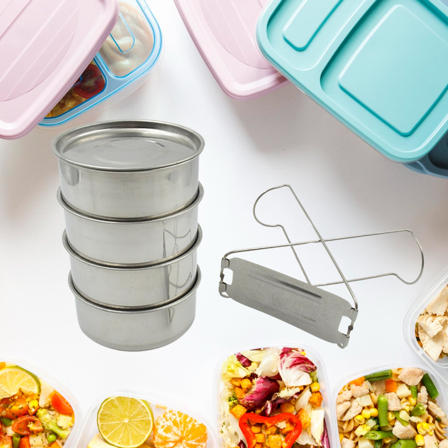 Double Wall Insulated Stainless Steel Tiffin 4 Compartment Lunch Box With Handle Stackable Stainless Steel Lunch Box Bpa Free Leakproofdabba For Office Home Shool Hot Outer Plastic Tiffin Box Set (1 Pc 4 Compartment)